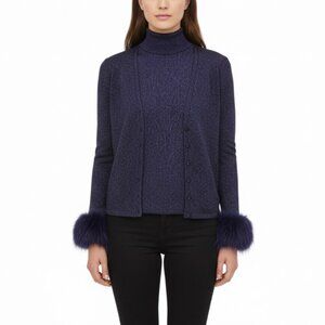 Escada Purple Frostfox Fur Cuff Glitter Set Turtleneck Vest Cardigan Sz 40